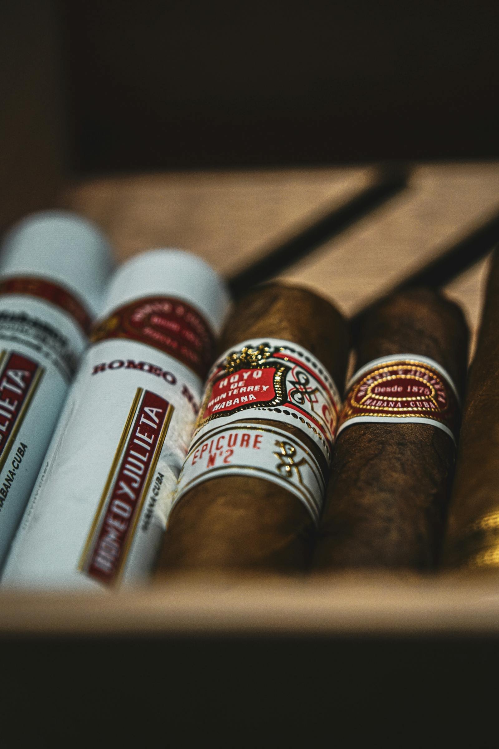 Luxury cigars displayed in a wooden presentation box