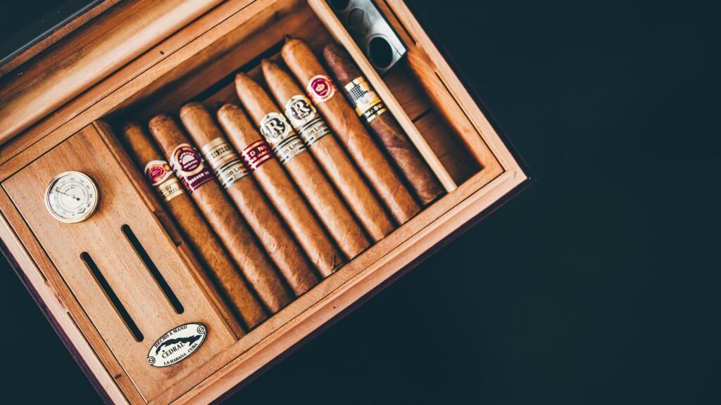 Close-up of premium cigars in a wooden humidor box
